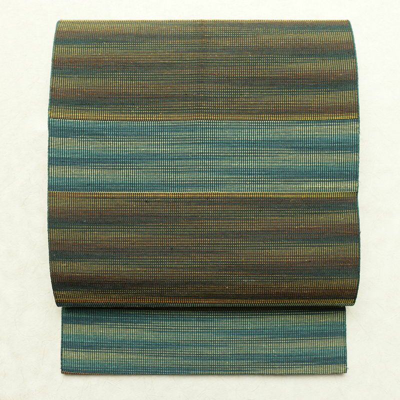 名古屋帯 六通柄 正絹 縞柄・線柄 通し仕立て なごや帯 リサイクル帯 帯 カジュアル 緑・うぐいす色_画像1