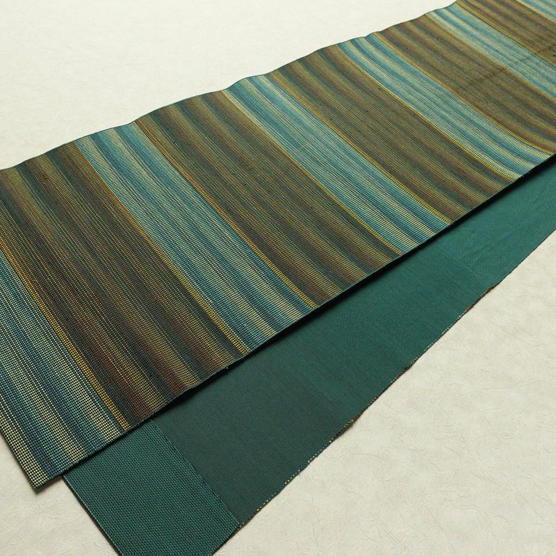 名古屋帯 六通柄 正絹 縞柄・線柄 通し仕立て なごや帯 リサイクル帯 帯 カジュアル 緑・うぐいす色_画像8