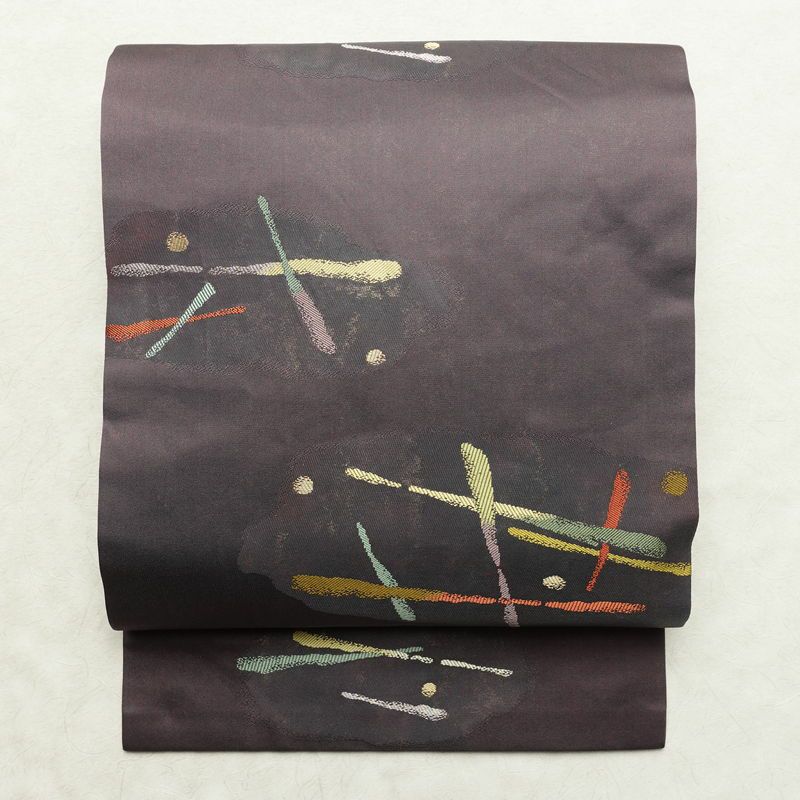 名古屋帯 六通柄 良品 正絹 幾何学柄・抽象柄 名古屋仕立て なごや帯 リサイクル帯 帯 モダン 紫・藤色_画像1