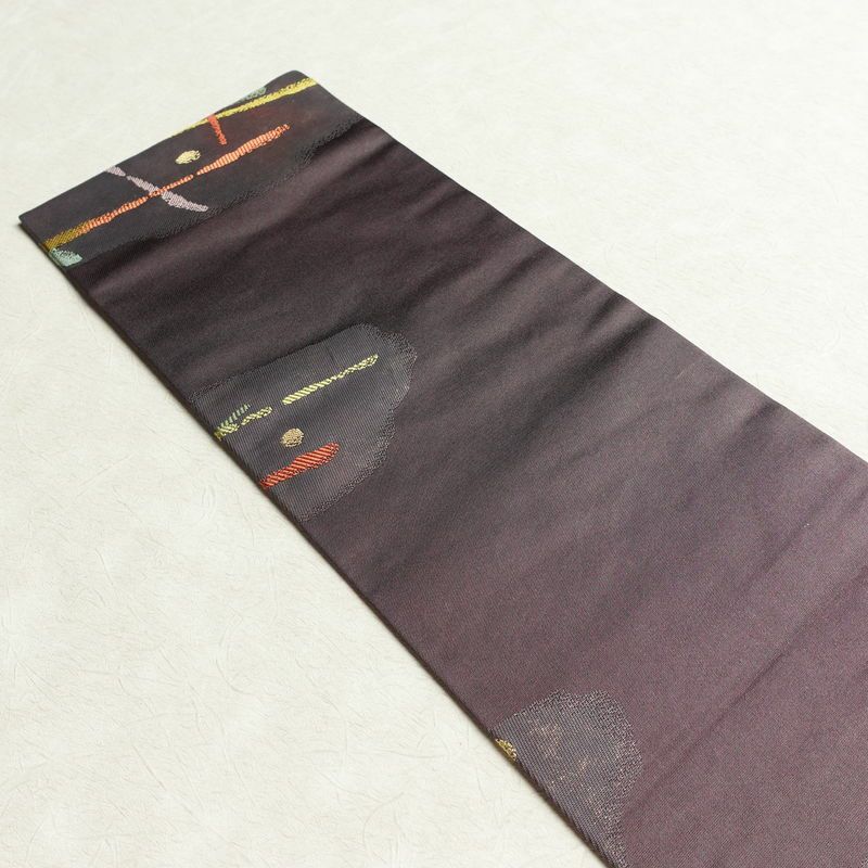 名古屋帯 六通柄 良品 正絹 幾何学柄・抽象柄 名古屋仕立て なごや帯 リサイクル帯 帯 モダン 紫・藤色_画像16