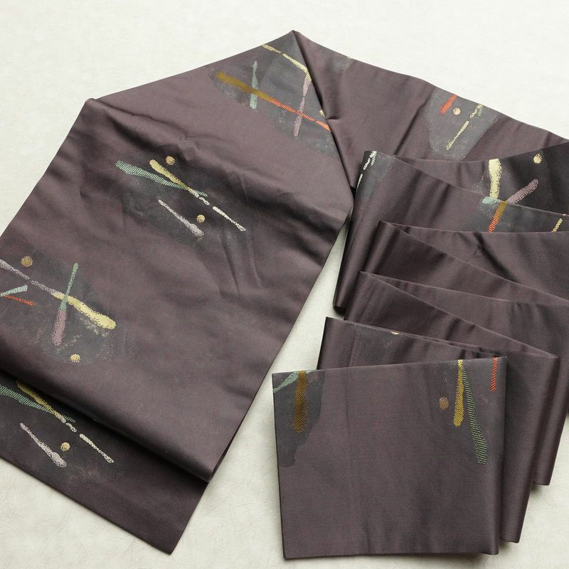 名古屋帯 六通柄 良品 正絹 幾何学柄・抽象柄 名古屋仕立て なごや帯 リサイクル帯 帯 モダン 紫・藤色_画像17