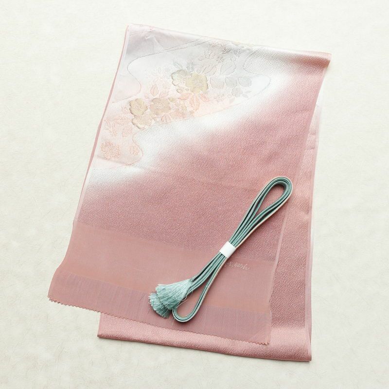 帯揚げ帯締めセット 良品 セット品 丹後ちりめん 平組 正絹 花柄 金糸 流水 フォーマル ピンク_画像1