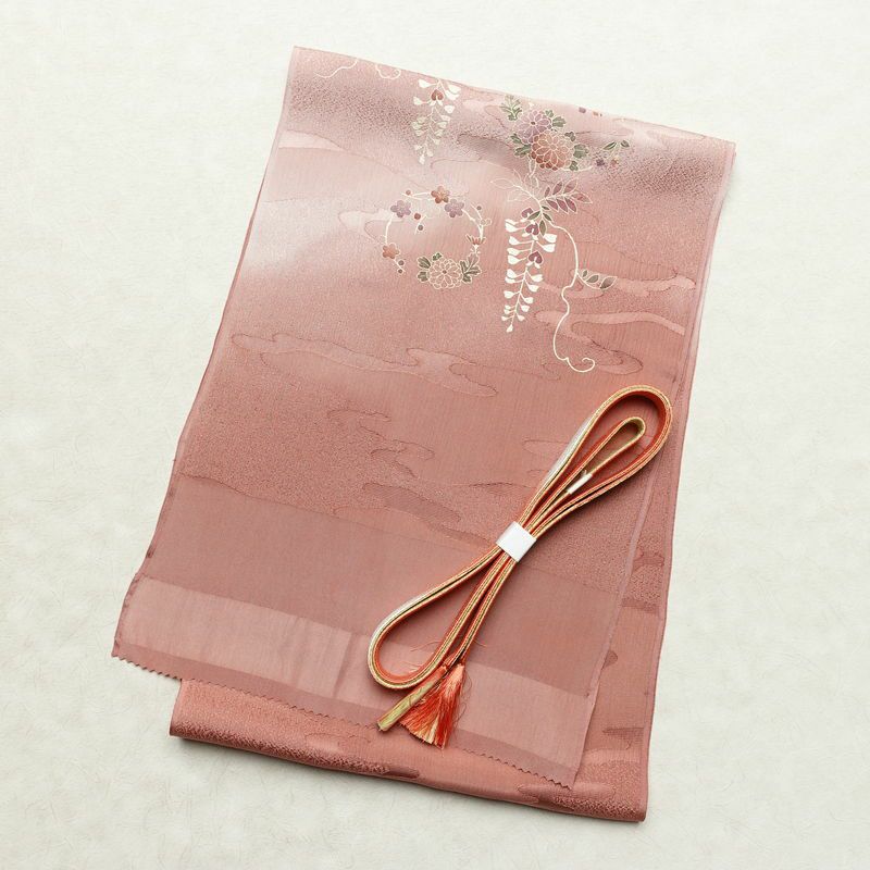 帯揚げ帯締めセット 良品 セット品 平組 正絹 花柄 箔 フォーマル くすみピンク サーモンピンク ピンク_画像1