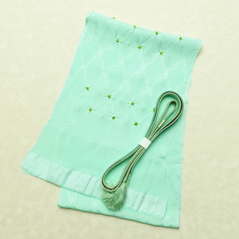 帯揚げ帯締めセット 良品 セット品 絞り 正絹 花柄 和装小物 緑・うぐいす色_画像1