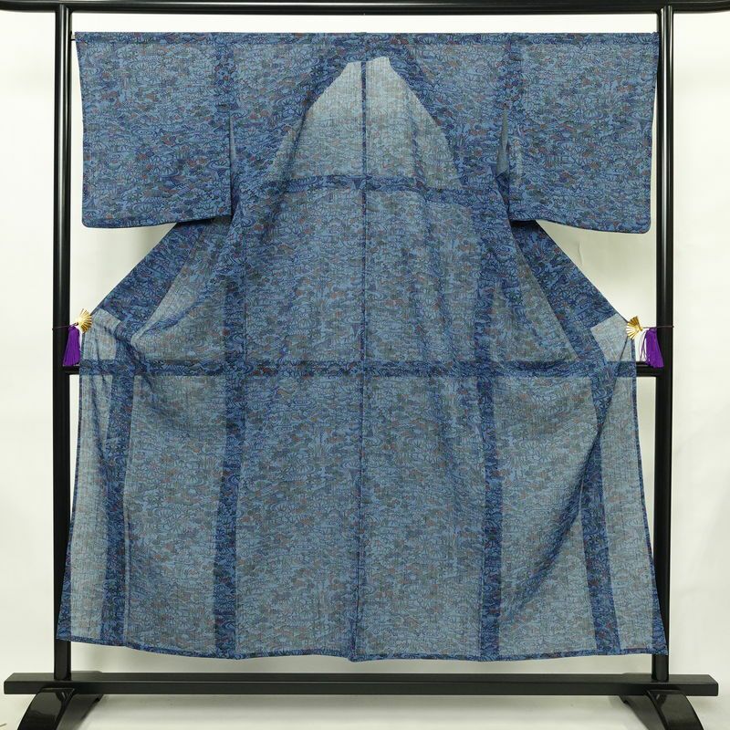 盛夏 良品 夏用 バチ衿仕立て ポリエステル 古典柄 単衣仕立て 身丈151cm 裄丈68cm リサイクル着物 着物 青・紺_画像1