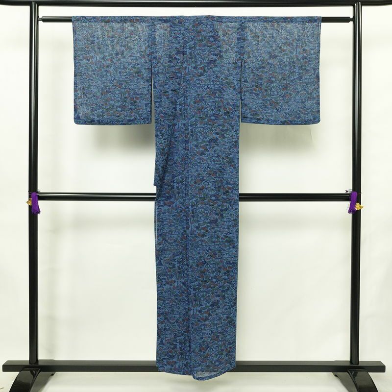 盛夏 良品 夏用 バチ衿仕立て ポリエステル 古典柄 単衣仕立て 身丈151cm 裄丈68cm リサイクル着物 着物 青・紺_画像2