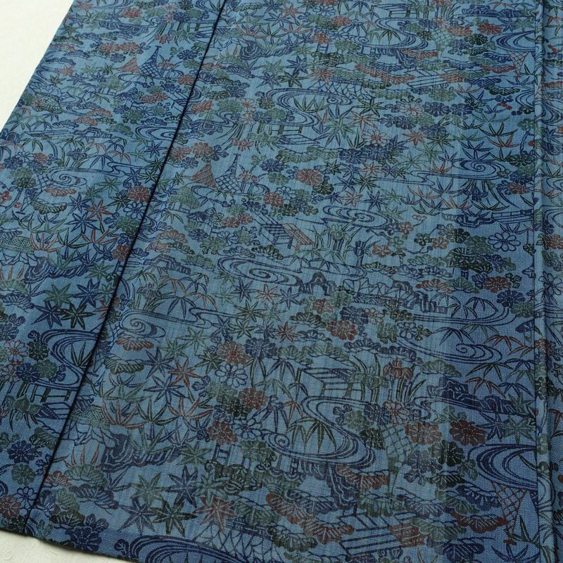 盛夏 良品 夏用 バチ衿仕立て ポリエステル 古典柄 単衣仕立て 身丈151cm 裄丈68cm リサイクル着物 着物 青・紺_画像5