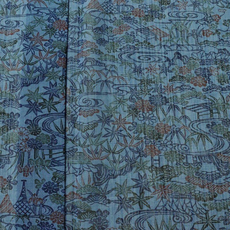 盛夏 良品 夏用 バチ衿仕立て ポリエステル 古典柄 単衣仕立て 身丈151cm 裄丈68cm リサイクル着物 着物 青・紺_画像7