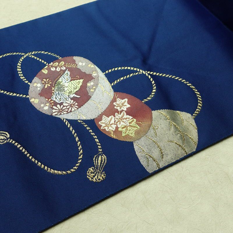 名古屋帯 太鼓柄 ポリエステル 古典柄 名古屋仕立て なごや帯 リサイクル帯 帯 箔 金糸 青・紺_画像12
