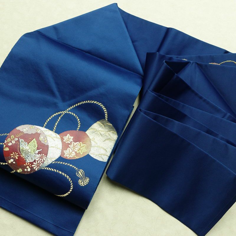 名古屋帯 太鼓柄 ポリエステル 古典柄 名古屋仕立て なごや帯 リサイクル帯 帯 箔 金糸 青・紺_画像17