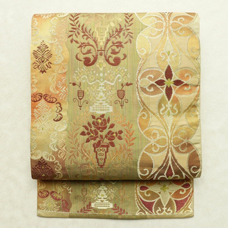 名古屋帯 六通柄 正絹 幾何学柄・抽象柄 松葉仕立て なごや帯 リサイクル帯 帯 黄・黄土色_画像1