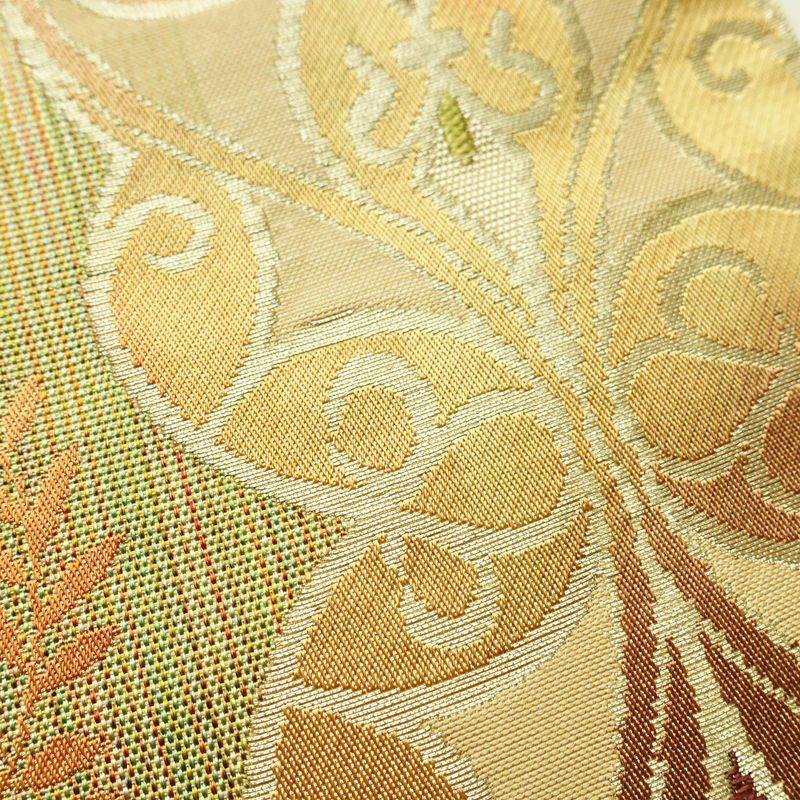 名古屋帯 六通柄 正絹 幾何学柄・抽象柄 松葉仕立て なごや帯 リサイクル帯 帯 黄・黄土色_画像4