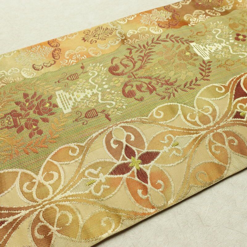 名古屋帯 六通柄 正絹 幾何学柄・抽象柄 松葉仕立て なごや帯 リサイクル帯 帯 黄・黄土色_画像12