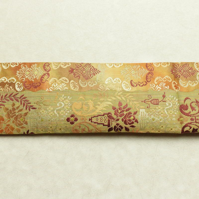 名古屋帯 六通柄 正絹 幾何学柄・抽象柄 松葉仕立て なごや帯 リサイクル帯 帯 黄・黄土色_画像14