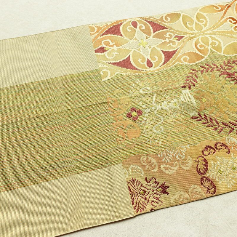 名古屋帯 六通柄 正絹 幾何学柄・抽象柄 松葉仕立て なごや帯 リサイクル帯 帯 黄・黄土色_画像16