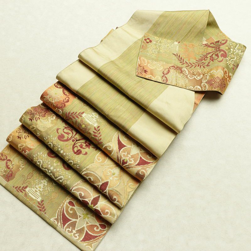 名古屋帯 六通柄 正絹 幾何学柄・抽象柄 松葉仕立て なごや帯 リサイクル帯 帯 黄・黄土色_画像18