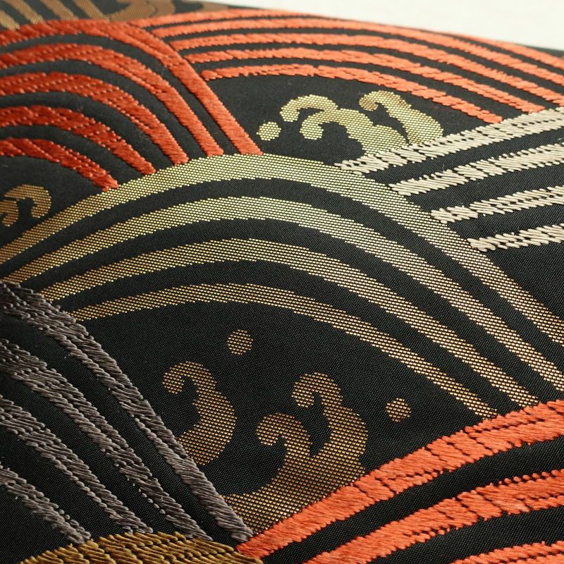 名古屋帯 六通柄 正絹 流水・波柄 通し仕立て なごや帯 リサイクル帯 帯 箔 黒_画像5