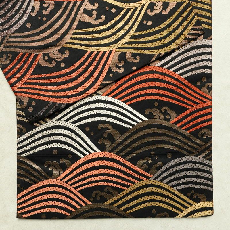 名古屋帯 六通柄 正絹 流水・波柄 通し仕立て なごや帯 リサイクル帯 帯 箔 黒_画像13