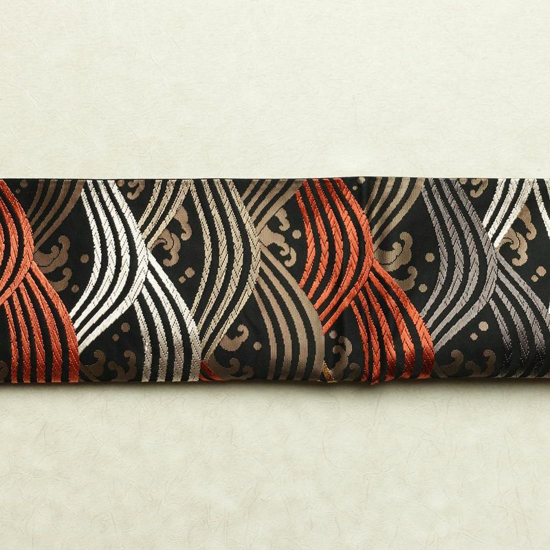 名古屋帯 六通柄 正絹 流水・波柄 通し仕立て なごや帯 リサイクル帯 帯 箔 黒_画像14