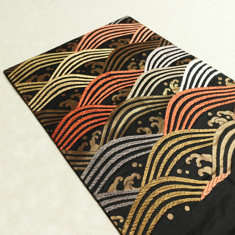 名古屋帯 六通柄 正絹 流水・波柄 通し仕立て なごや帯 リサイクル帯 帯 箔 黒_画像17