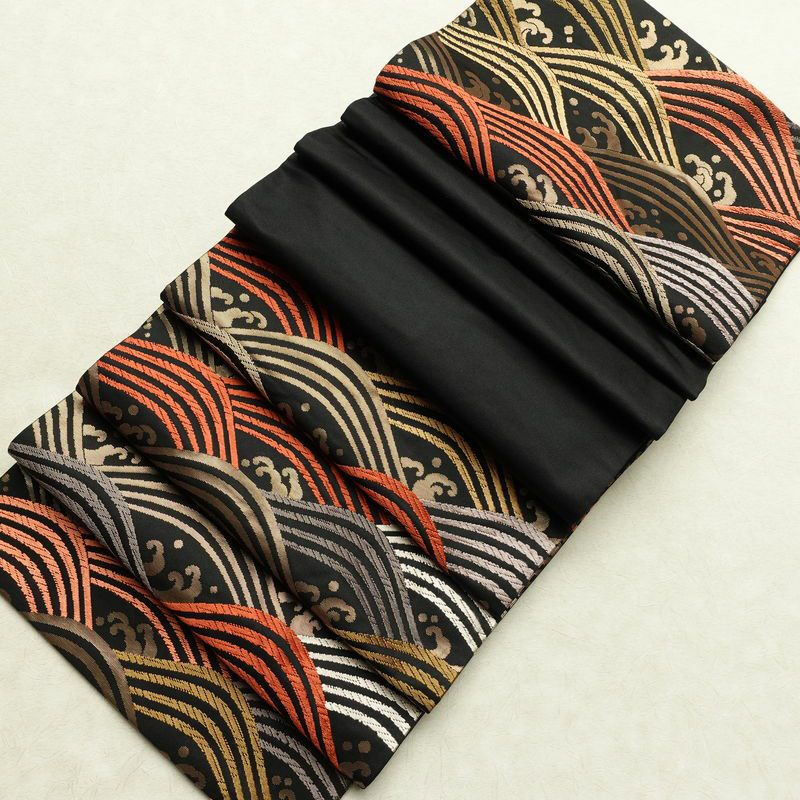 名古屋帯 六通柄 正絹 流水・波柄 通し仕立て なごや帯 リサイクル帯 帯 箔 黒_画像18