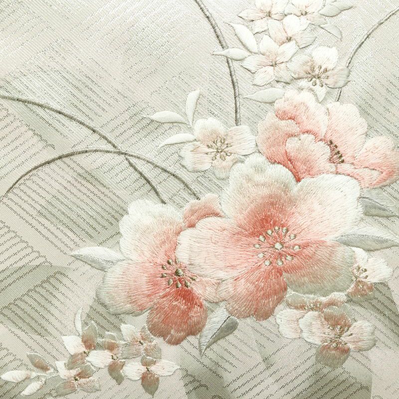 名古屋帯 太鼓柄 美品 正絹 花柄 名古屋仕立て なごや帯 リサイクル帯 帯 刺繍 箔 未使用品 桜 金・銀_画像2