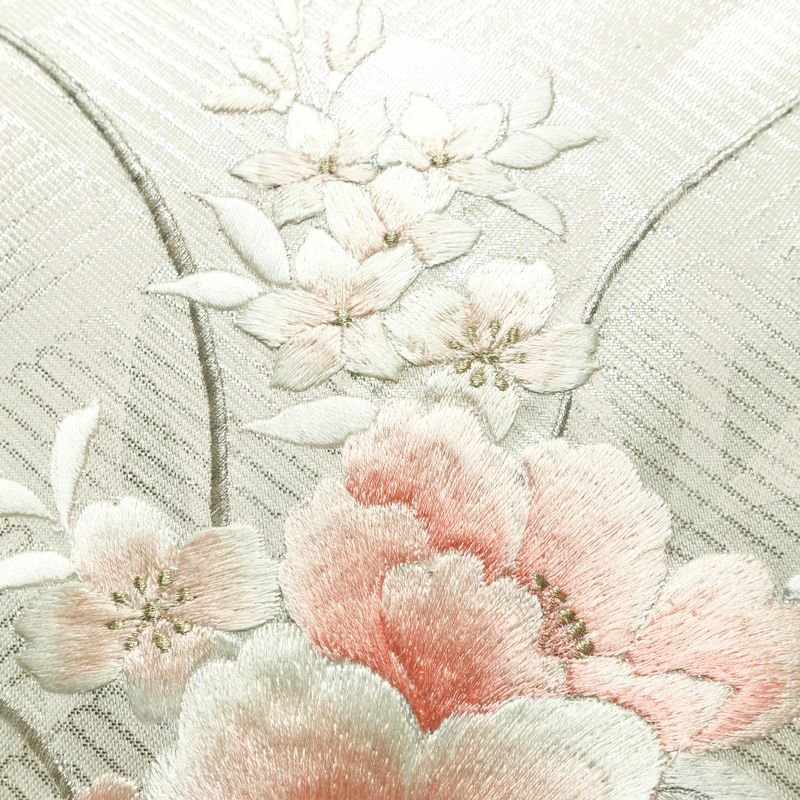 名古屋帯 太鼓柄 美品 正絹 花柄 名古屋仕立て なごや帯 リサイクル帯 帯 刺繍 箔 未使用品 桜 金・銀_画像4