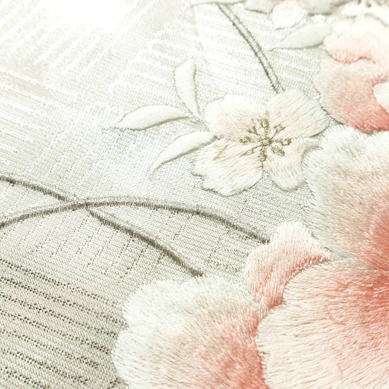 名古屋帯 太鼓柄 美品 正絹 花柄 名古屋仕立て なごや帯 リサイクル帯 帯 刺繍 箔 未使用品 桜 金・銀_画像5