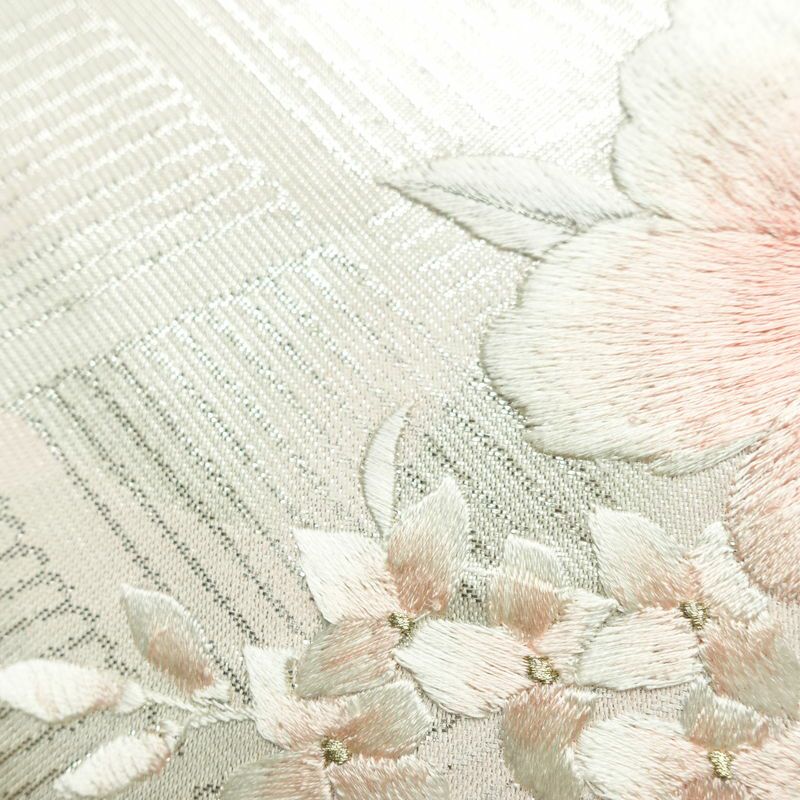 名古屋帯 太鼓柄 美品 正絹 花柄 名古屋仕立て なごや帯 リサイクル帯 帯 刺繍 箔 未使用品 桜 金・銀_画像6