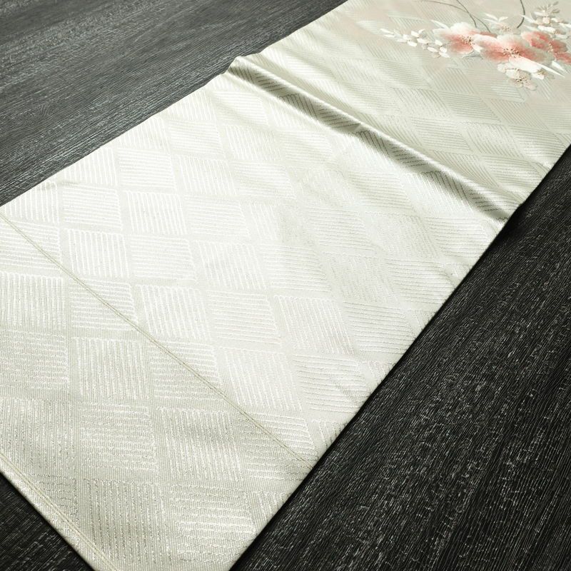 名古屋帯 太鼓柄 美品 正絹 花柄 名古屋仕立て なごや帯 リサイクル帯 帯 刺繍 箔 未使用品 桜 金・銀_画像8