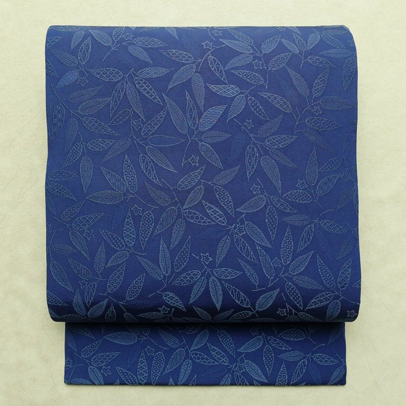 名古屋帯 全通柄 正絹 木の葉・植物柄 名古屋仕立て なごや帯 リサイクル帯 帯 青・紺_画像1