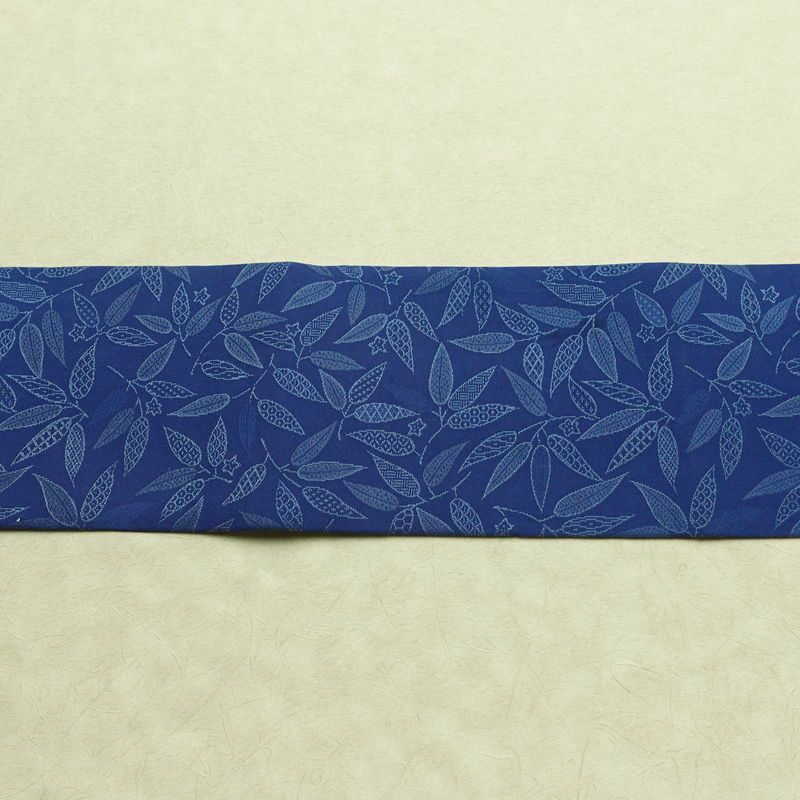 名古屋帯 全通柄 正絹 木の葉・植物柄 名古屋仕立て なごや帯 リサイクル帯 帯 青・紺_画像12