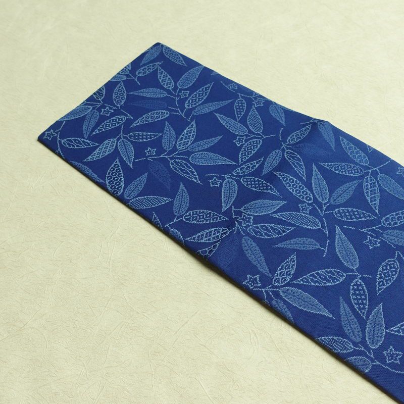 名古屋帯 全通柄 正絹 木の葉・植物柄 名古屋仕立て なごや帯 リサイクル帯 帯 青・紺_画像15