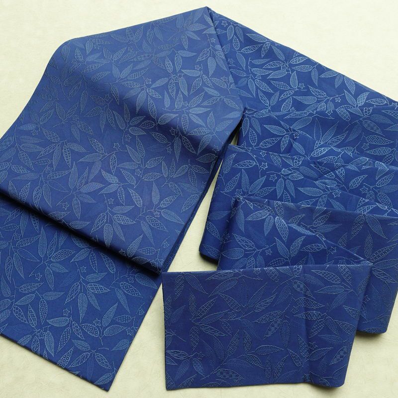 名古屋帯 全通柄 正絹 木の葉・植物柄 名古屋仕立て なごや帯 リサイクル帯 帯 青・紺_画像16