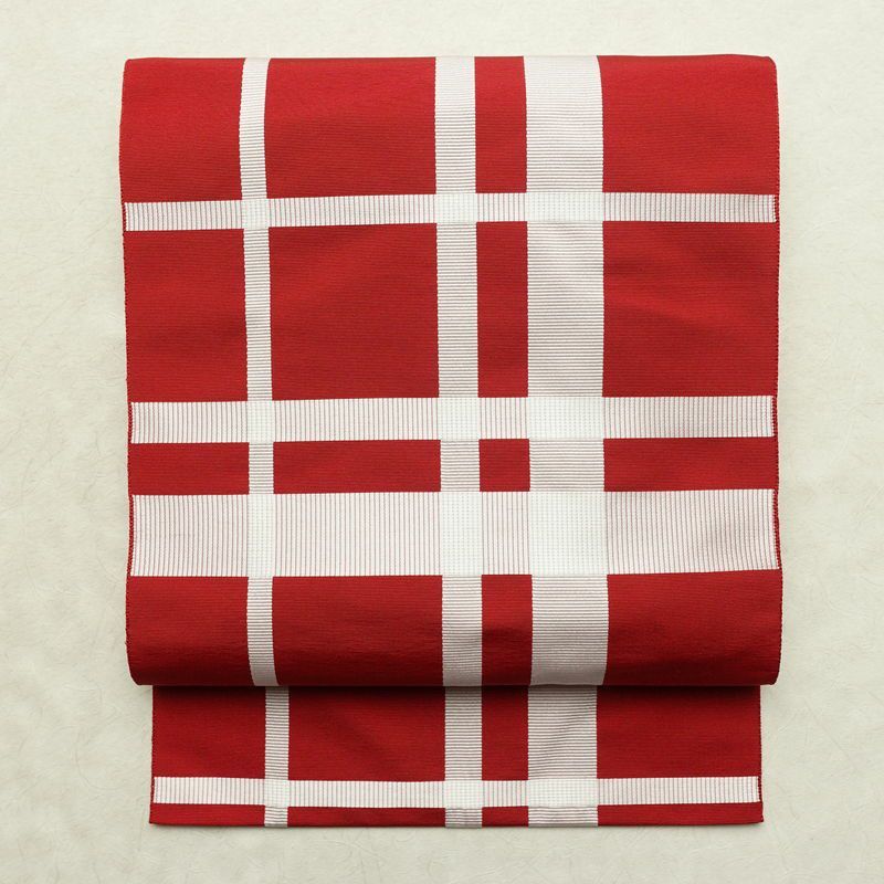 名古屋帯 六通柄 正絹 チェック・格子柄 名古屋仕立て なごや帯 リサイクル帯 帯 赤・朱_画像1