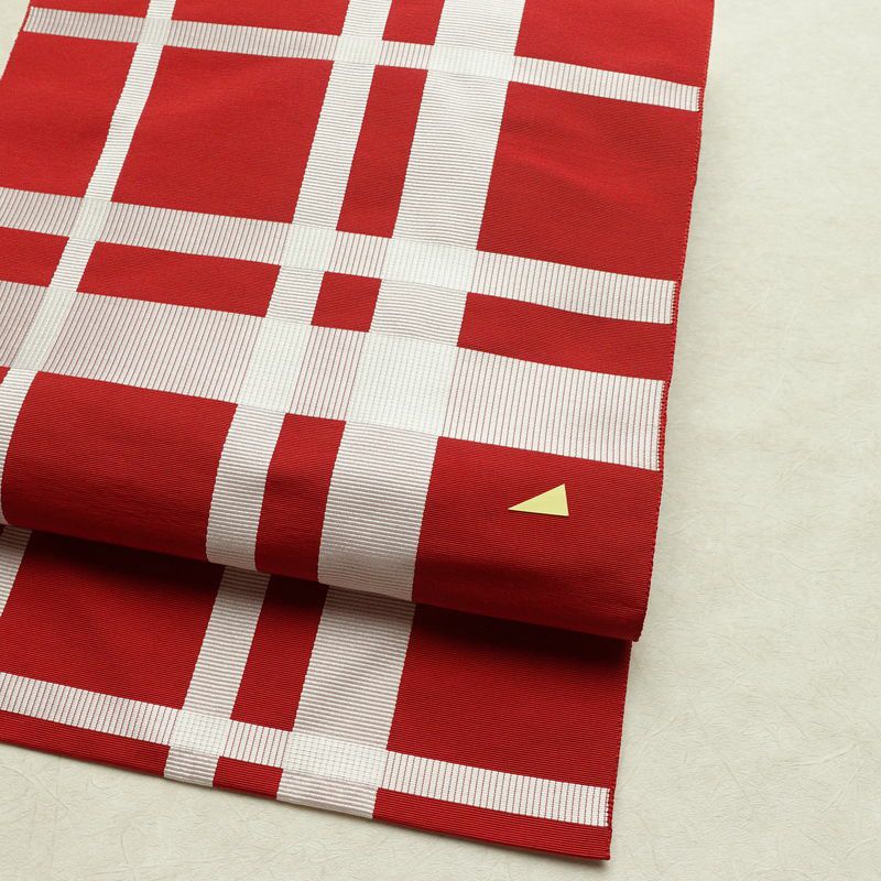 名古屋帯 六通柄 正絹 チェック・格子柄 名古屋仕立て なごや帯 リサイクル帯 帯 赤・朱_画像3
