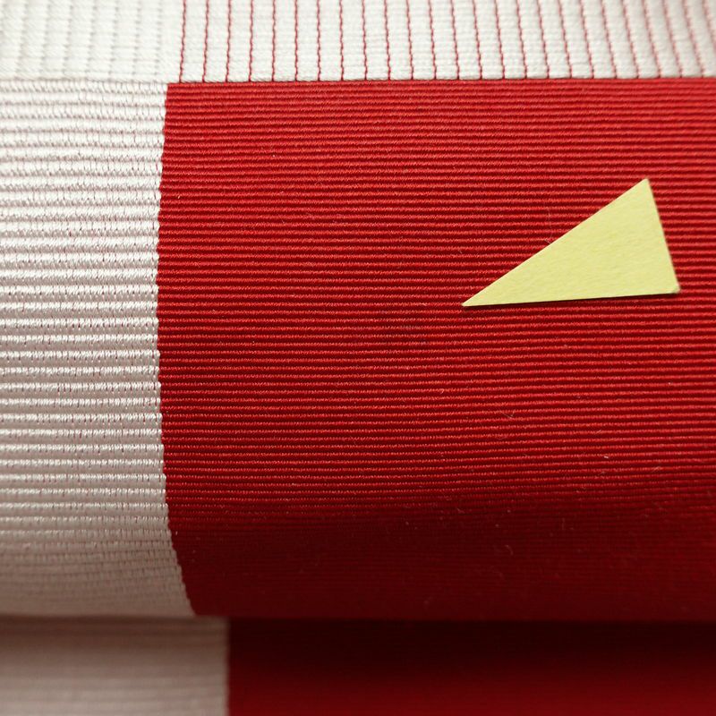 名古屋帯 六通柄 正絹 チェック・格子柄 名古屋仕立て なごや帯 リサイクル帯 帯 赤・朱_画像4