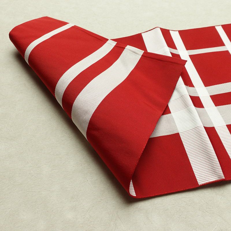 名古屋帯 六通柄 正絹 チェック・格子柄 名古屋仕立て なごや帯 リサイクル帯 帯 赤・朱_画像11