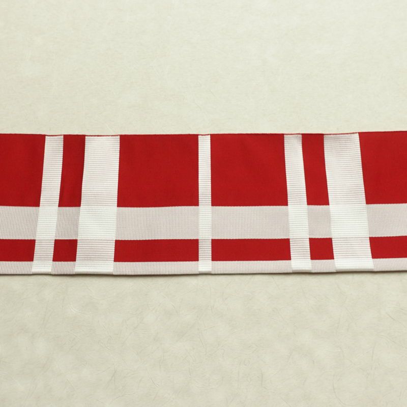 名古屋帯 六通柄 正絹 チェック・格子柄 名古屋仕立て なごや帯 リサイクル帯 帯 赤・朱_画像15