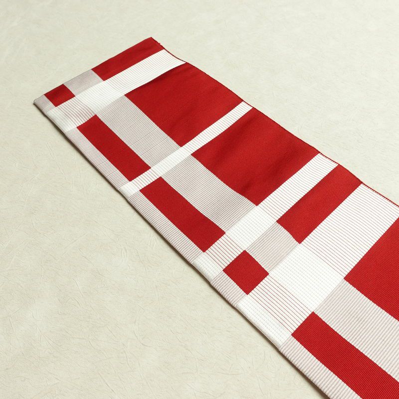 名古屋帯 六通柄 正絹 チェック・格子柄 名古屋仕立て なごや帯 リサイクル帯 帯 赤・朱_画像16