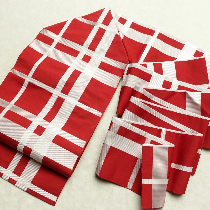 名古屋帯 六通柄 正絹 チェック・格子柄 名古屋仕立て なごや帯 リサイクル帯 帯 赤・朱_画像17