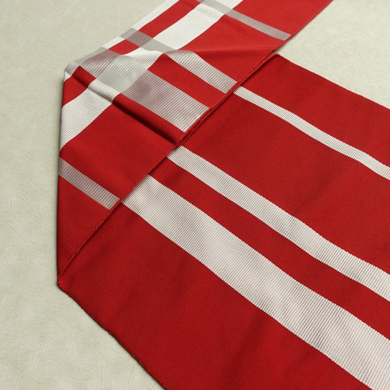 名古屋帯 六通柄 正絹 チェック・格子柄 名古屋仕立て なごや帯 リサイクル帯 帯 赤・朱_画像19