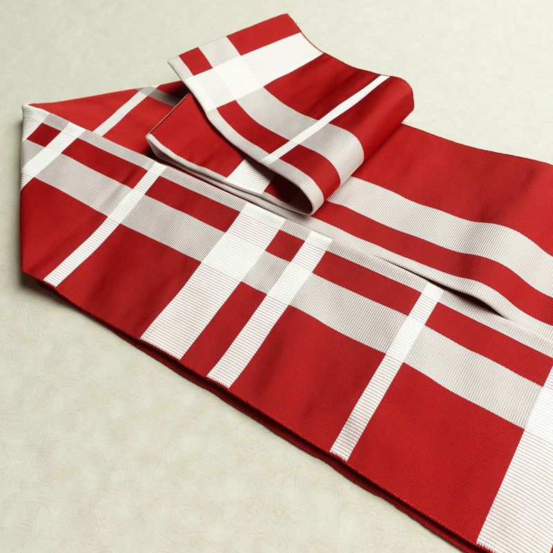 名古屋帯 六通柄 正絹 チェック・格子柄 名古屋仕立て なごや帯 リサイクル帯 帯 赤・朱_画像21