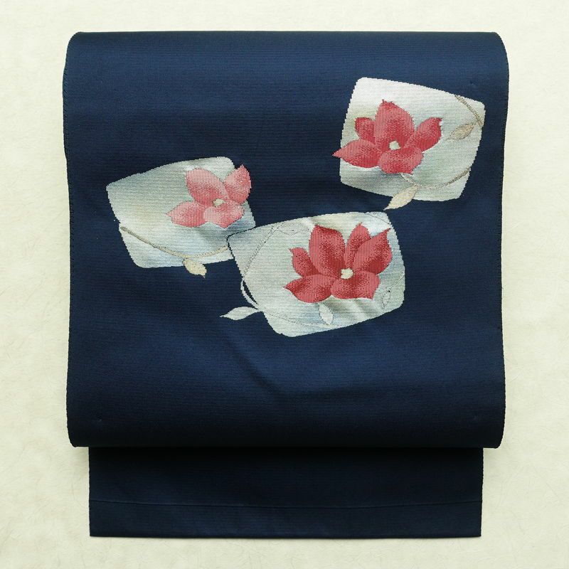 名古屋帯 太鼓柄 良品 正絹 花柄 松葉仕立て なごや帯 リサイクル帯 帯 青・紺_画像1