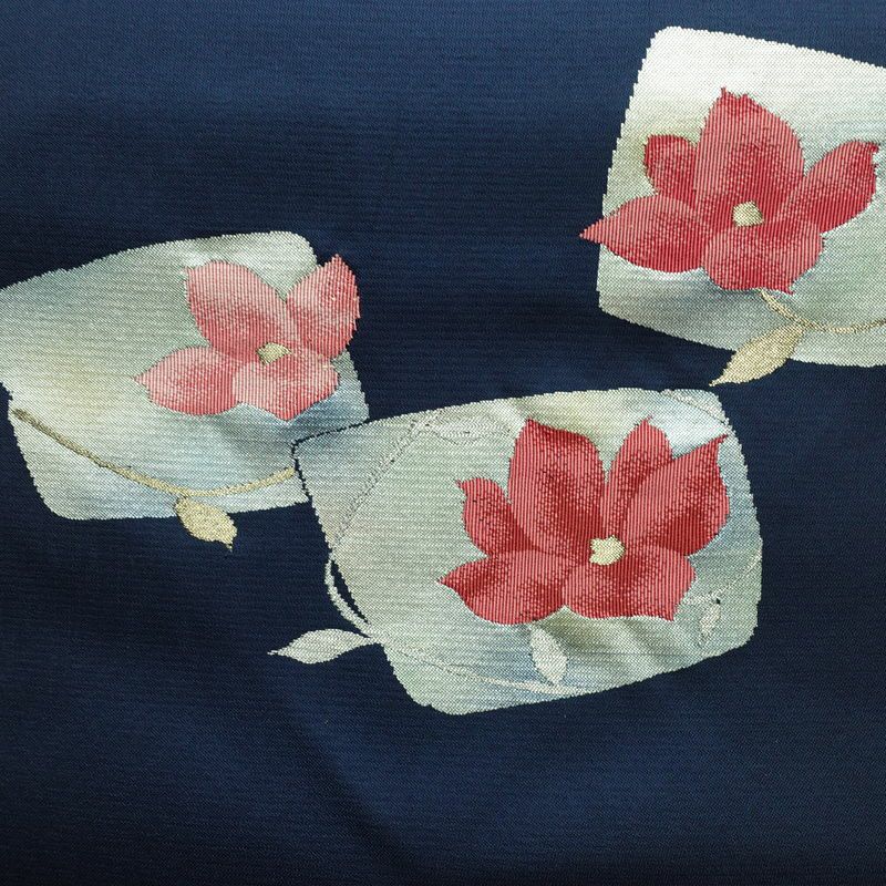 名古屋帯 太鼓柄 良品 正絹 花柄 松葉仕立て なごや帯 リサイクル帯 帯 青・紺_画像2