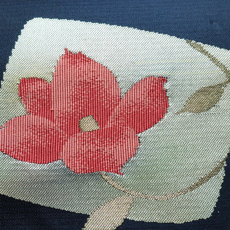 名古屋帯 太鼓柄 良品 正絹 花柄 松葉仕立て なごや帯 リサイクル帯 帯 青・紺_画像4