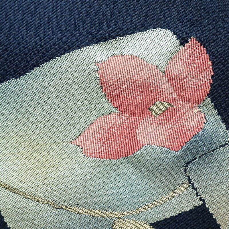 名古屋帯 太鼓柄 良品 正絹 花柄 松葉仕立て なごや帯 リサイクル帯 帯 青・紺_画像6