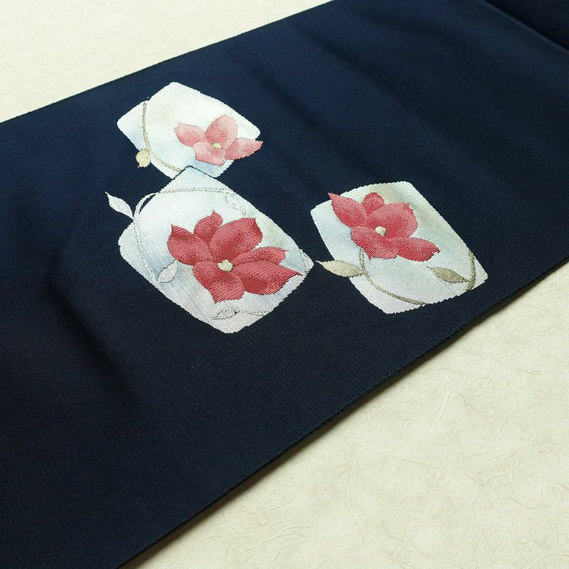 名古屋帯 太鼓柄 良品 正絹 花柄 松葉仕立て なごや帯 リサイクル帯 帯 青・紺_画像11