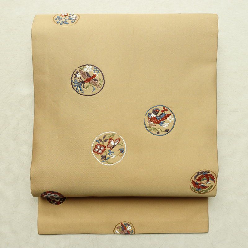 名古屋帯 太鼓柄 正絹 人物・動物柄 名古屋仕立て なごや帯 リサイクル帯 帯 刺繍 金糸 ベージュ_画像1