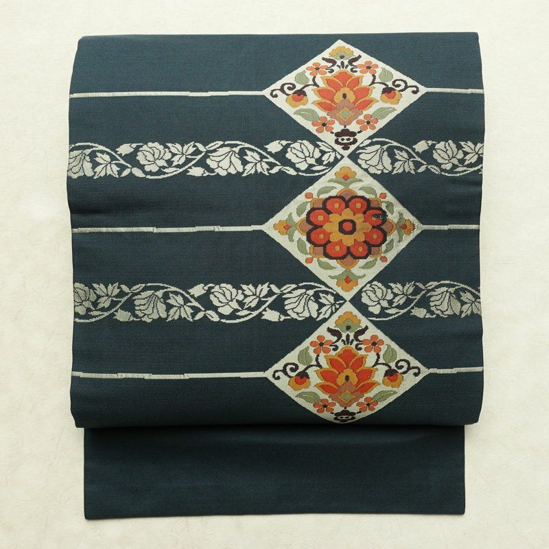 名古屋帯 太鼓柄 正絹 木の葉・植物柄 名古屋仕立て なごや帯 リサイクル帯 帯 モダン 青・紺_画像1